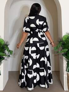 Veslaya 2026春夏大码女装新款音乐节、复活节、西部风、游牧风、生日派对、毕业典礼、大学、学生、日常休闲、基础款、休闲、度假、邮轮旅行、海滩、日光浴、热门单品、街头风、婚礼宾客波西米亚风、通勤、早午餐、机场、派对、假日郊游、优雅晚宴、舞会、休闲、高端优雅黑白印花V领短袖裹腰长裙，女士裹身连衣裙，女士度假套装，女士度假连衣裙，女士C - 彩色 - 查看 3