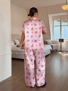 SHEIN Bộ đồ ngủ cardigan cổ bẻ in nơ và quả anh đào dành cho nữ cỡ lớn - Hồng - Xem 2