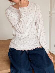 DAZY Tween Girl Ditsy Floral Lettuce Trim Round Neck Long Sleeve T-Shirt - White - View 4