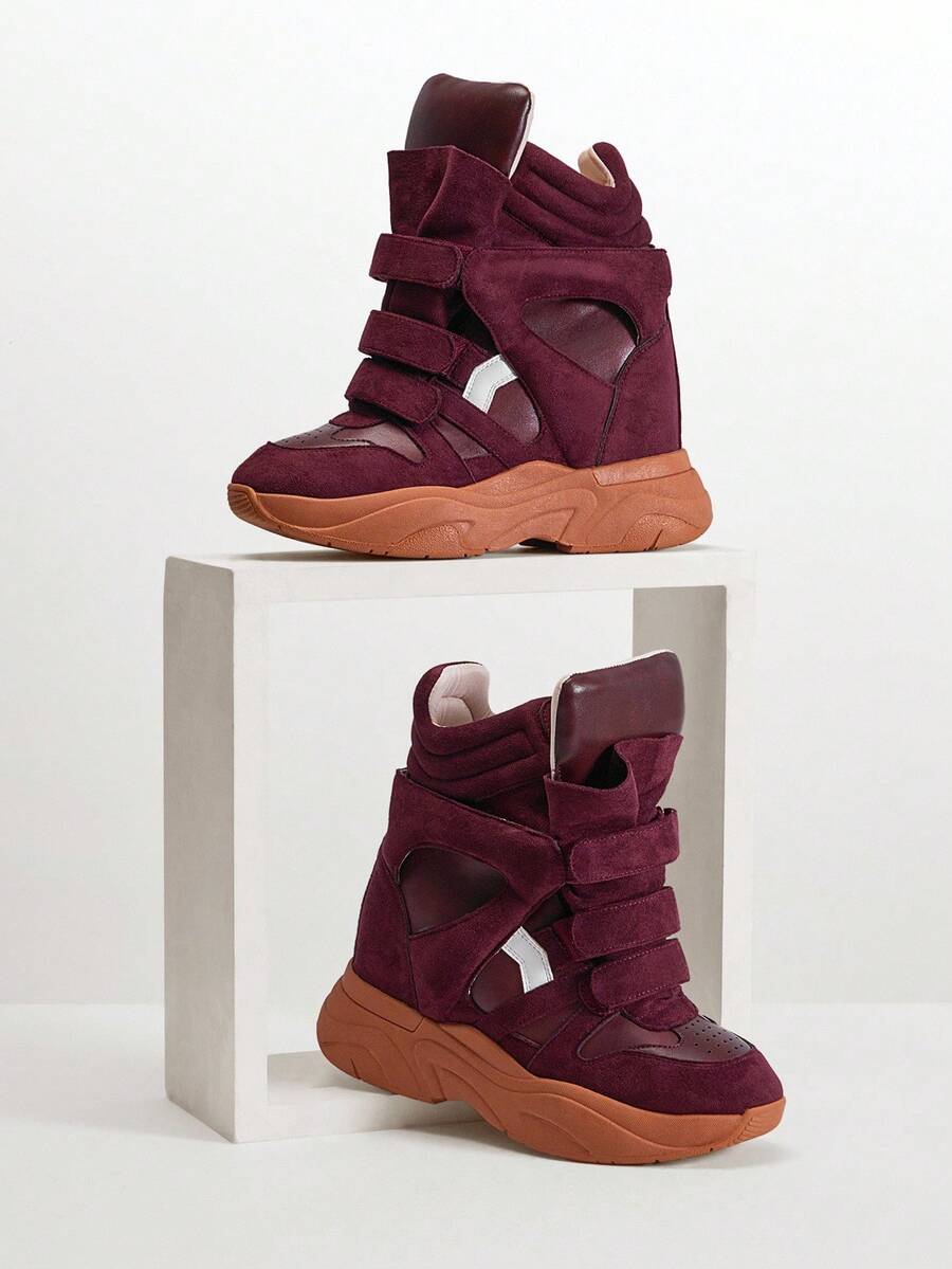 Solezae Fashionable Women's Maranto Balskee Burgundy Faux Suede High Top Hook And Loop Strap Quilted Padded Collar Hidden Wedge Sporty Chic Sneaker Shoe Valentine's Day - Burgundy - View 1