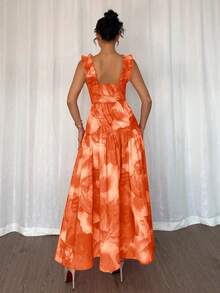 Elenzga Đầm không tay dáng chữ A, cổ vuông, eo thắt, họa tiết hoa ngẫu nhiên, viền bèo nhún, màu hồng và hồng cánh sen nhuộm tie-dye, thích hợp cho mùa xuân/hè. - trái cam - Xem 2