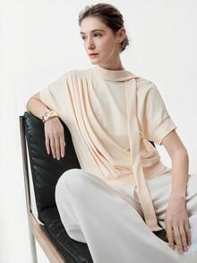 Aalyst Tricou elegant pentru femei, cu guler lung, plisat, cu fundă și mânecă scurtă, galben deschis, potrivit pentru ocazii de primăvară/vară, precum Anul Nou, Ziua Îndrăgostiților, Paște, Ziua Mamei, nunți în Orientul Mijlociu, la locul de muncă, escapade romantice - Lumină galbenă - Vizualizare 7