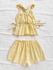 Soleia Women's 2pcs Summer Set Pale Yellow Boho Beach Vacation Holiday Textured Side Knot Camisole And Elastic Waist Shorts Set Carnival Outfits - Yellow - View 2