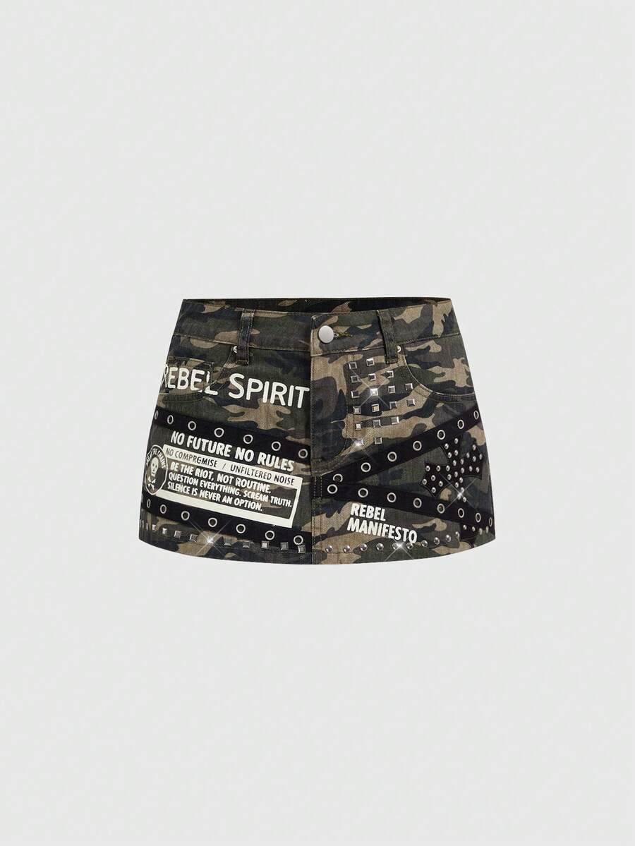 ROMWE Grunge Punk 朋克十字骷髅刺绣铆钉设计迷彩超低腰迷你牛仔裙 - 彩色 - 查看 1