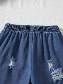 Young Boys Summer White Casual Knit Patchwork Denim Pocket T-Shirt And Denim Shorts Set, Minimalist Fashion Style, Suitable For Outings, Leisure At Home, And Daily Wear - White - View 7