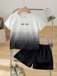 SHEIN 2pcs/Set Boys' Letter Print Ombre Short Sleeve T-Shirt And Shorts Casual Outfit,Kids - Multicolor - View 4