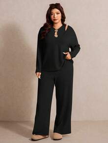 SHEIN Elaquor Bộ đồ thể thao cỡ lớn thanh lịch dành cho người đi làm, trang trí kim loại, gồm áo không tay và quần. - màu đen - Xem 5