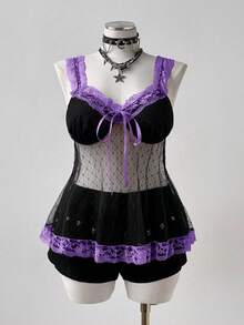 Sunspun Áo hai dây lửng kiểu dáng thanh lịch, ngọt ngào, chất liệu lưới xuyên thấu họa tiết bông tuyết, viền ren và nơ, thích hợp cho mùa Xuân/Hè/Thu. - Màu tím - Xem 3