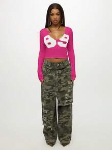 SUMWON WOMEN Number Print Crop Top Long Sleeve V Neck Fitted Casual Fashion Spring Summer Festival - Hot Pink - View 3