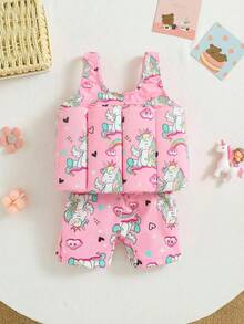 Emery Rose Kids Emery Rose Kids Young Girl Sleeveless Knitted Rainbow Unicorn Print One-Piece Swimsuit - Pink - View 2