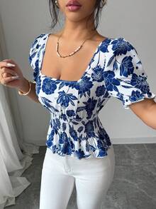 SHEIN Elenzya 女士树叶鹦鹉印花短袖衬衫，收腰设计，优雅百搭，适合度假、日常通勤、法式风情、复古风、商务场合、假日穿着，蓝白泡泡袖，早春/春夏新款 - 彩色 - 查看 5