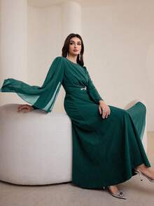 Graceveil Đầm lưới xếp ly cổ tròn tay dài màu trơn thanh lịch cho nữ - màu xanh lá - Xem 4