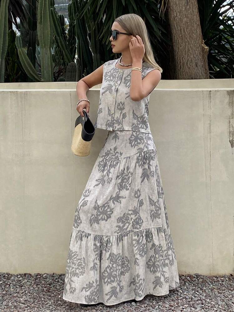 Women's Cropped Top And Long Skirt Set, Floral Print, Casual Beach/Holiday Style, 2-Piece Outfit Summer