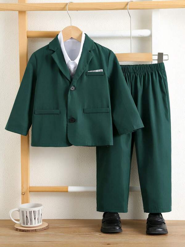 SHEIN 2pcs/Set Young Boy Casual School Style Cute Green Gentleman Outfit, Solid Color Blazer Jacket And Pants For Toddler Boys , Suitable For Summer St Patrick's Day