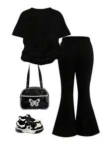 一套女童休闲舒适韩流女团印花短袖圆领T恤和喇叭裤套装，时尚休闲，适合春夏穿着 - 黑色 - 查看 2