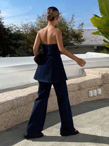 Livesso Women's Strapless Zipper Front Long Top And Flare Pants Denim Outfit, Fashionable For Dates And Vacations - Dark Wash - View 2