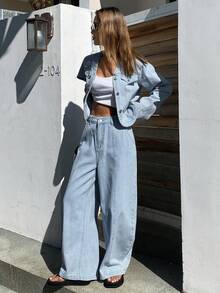 DAZY Women's Casual V-Neck Top And Flared Jeans Pants Suit - Medium Wash - View 8