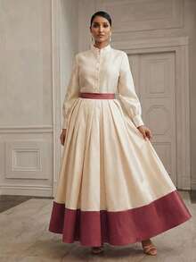 Anewsta Conjunto de 2 piezas de blusa de manga abullonada elegante y falda acampanada con bloques de color, color albaricoque - Albaricoque - Ver 6