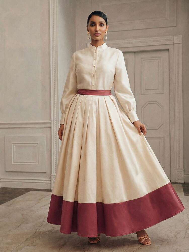 Women's Elegant Puff Sleeve Shirt & Colorblock Flared Skirt 2 Pieces Set, Apricot