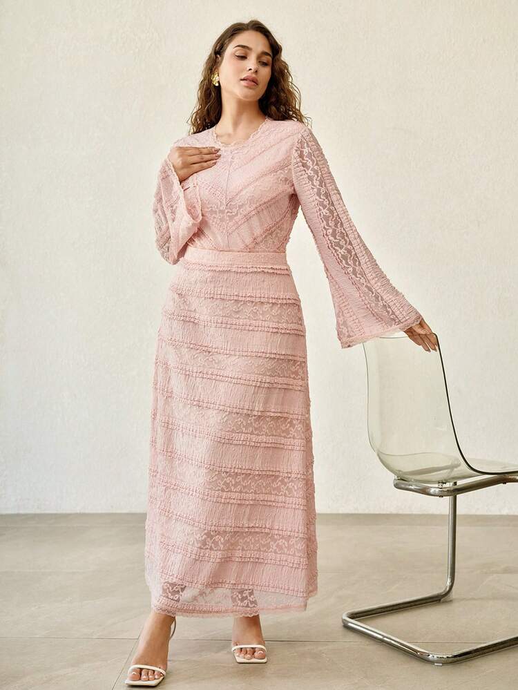 PLUS SIZE WOMEN ELEGANT CONTRAST LACE FRILL TRIM SLIMMING LONG SLEEVE SKIRT