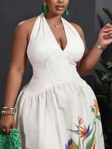 Veslaya 春夏新品度假休闲日常波西米亚风沙滩度假篝火派对假日休闲优雅法式浪漫舒适夏季无袖系带收腰印花长裙，大码女式度假连衣裙夏季长裙女士长裙夏季热带风情长裙度假连衣裙 - 白色 - 查看 9