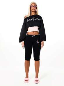 BABYPHAT 七分紧身裤，抽绳腰带，猫咪图案印花，休闲舒适，情人节必备 - 黑色 - 查看 3