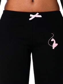 BABYPHAT 七分紧身裤，抽绳腰带，猫咪图案印花，休闲舒适，情人节必备 - 黑色 - 查看 6
