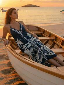 CAJUNI Floral Print Halter Casual Vacation Sleeveless Dress - Black and White - View 1