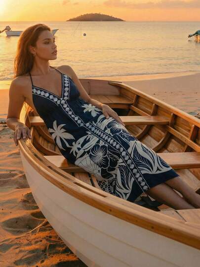 CAJUNI 印花露背休闲度假无袖连衣裙