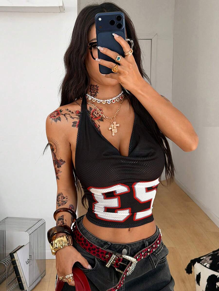 Coolane 女士夏季音乐会穿搭 Y2K 街头风运动休闲透气网眼印花数字图案白色摆领修身露背短款上衣 - 黑色 - 查看 1