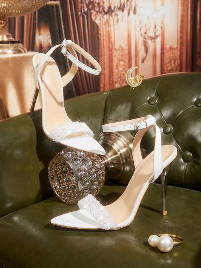 CUCCOO TILAWA Women's Fashionable And Sexy Electroplated Pointed Toes, White High-Heeled Sandals With Rhinestones, Suitable For Banquets, Parties And Other Occasions Summer Shoes
