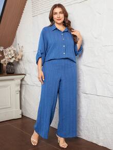 Lacomfia Women's Loose Long Sleeve Shirt And Wide Leg Pants Set, Comfortable Casual Jacquard Plus Size 2-Piece Outfit - Blue - View 4