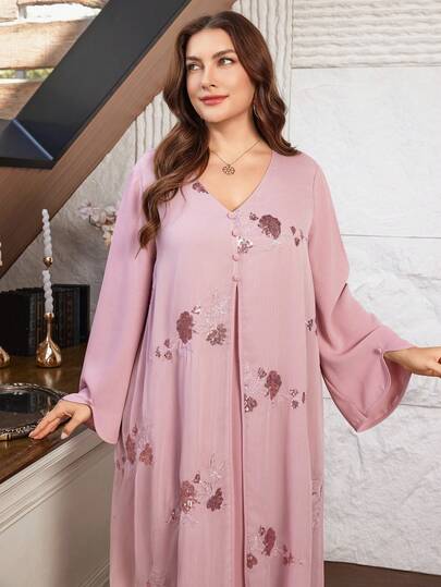 Lacomfia Women's Elegant Minimalist V-Neck Loose Beaded Embroidered Flare Long Sleeve Plus Size Dress