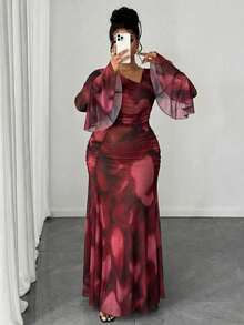 Maweii 大码女士性感半透明超长数码开衩褶裥斜肩长袖连衣裙，春/秋/冬 - 彩色 - 查看 5