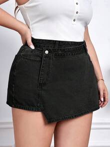 EMERY ROSE Plus Size Solid Color Slant Pocket Wrap Casual Denim Shorts - Dark Grey - View 3