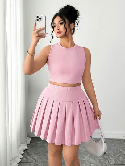SHEIN PETITE CURVE 2pcs Women Casual Solid Color Cropped Tank Top And Pleated Mini Skirt Set