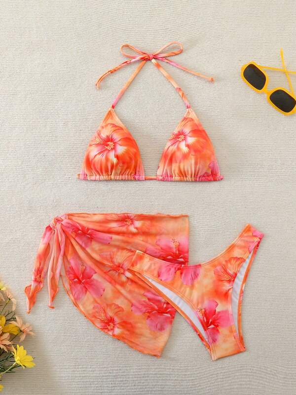 Swim Mod Women's Summer Beach Floral Print Halter Tie Sexy Bikini Set With Matching Mini Skirt