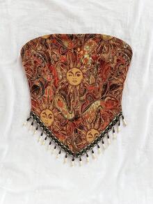 Soleia Atasan Bandeau Rajut Motif Matahari Patchwork Manik-manik Rantai untuk Liburan Wanita Ukuran Plus, Cocok untuk Pesta Natal, Kencan, Klub Malam, Pantai, Pelayaran, Liburan, Minum Teh Sore, Gaya Bohemian, Boho, Liburan, Pakaian Wanita Musim Gugur, Vintage - Jeruk - View 4