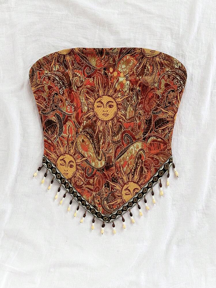 Soleia (No Chest Padding) Women's Plus Size Vacation Knit Sun Print Pattern Patchwork Beaded Chain Bandeau Top Beach Orange Summer 1950s Vintage Boho - Orange - View 4