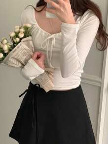 DAZY 女士系带修身时尚T恤，白色，春夏秋季 - 白色 - 查看 6