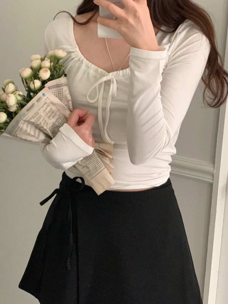 Women's Lace-Up Fitted Fashionable T-Shirt, White, Spring/Summer/Autumn