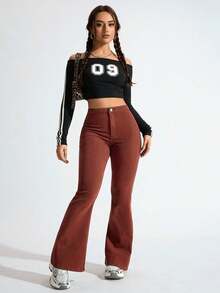 SHEIN EZwear Jeans de pierna acampanada de unicolor y estilo casual - Marrón - Ver 3