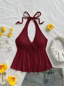 SHEIN WYWH 女士休闲度假V领蝴蝶结露背吊带娃娃衫，适合夏季度假 - 酒紅色 - 查看 6
