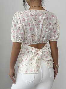 SHEIN Raffinéa 时尚优雅女士上衣，刺绣印花面料，镂空后背蝴蝶结设计，通勤必备，时尚别致。 - 彩色 - 查看 2