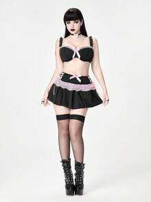 ROMWE Kawaii 4pcs Lace Trim Choker, Underwire Bow Bralette, Thong And Mini Skirt Sexy Lingerie Set - Black - View 7