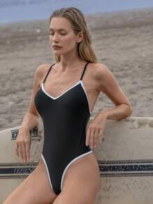 Swim SPRTY Costum de baie dintr-o singură piesă, multicolor, cu bretele spaghete, pentru femei, vară, vacanță la plajă - Alb-negru - Vizualizare 5