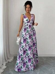 Elenzga 无袖V领露腰A字褶皱花卉优雅浪漫女装 - 紫色 - 查看 4