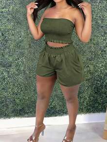 SHEIN Kỳ nghỉ hè dành cho nữ Quần short có túi và áo băng đô màu trơn Bộ 2 món thường ngày - màu xanh lá - Xem 4