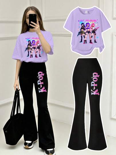 Tween Girl K-Pop Graphic Print Casual Comfortable Round Neck Short Sleeve T-Shirt & Black Flare Pants Set, Relaxed & Fashionable, Suitable For All Seasons, Daily Wear, Outdoor Activities