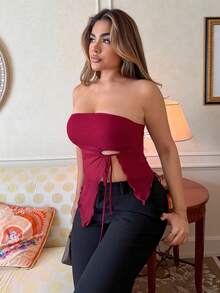 Maria Perezxox 束邊不對稱裙擺背心上衣 - 酒紅色 - 查看 4